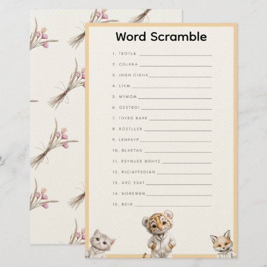  Word Scramble Whimsical Pajama Animals Briefpapier (Voorkant / Achterkant)