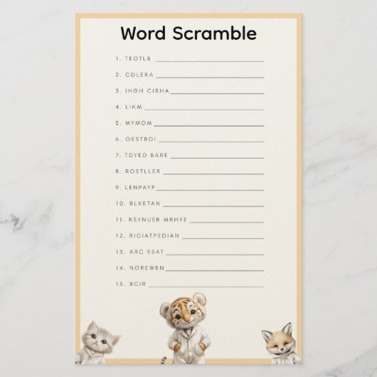 Word Scramble Whimsical Pajama Animals Briefpapier (Voorkant)