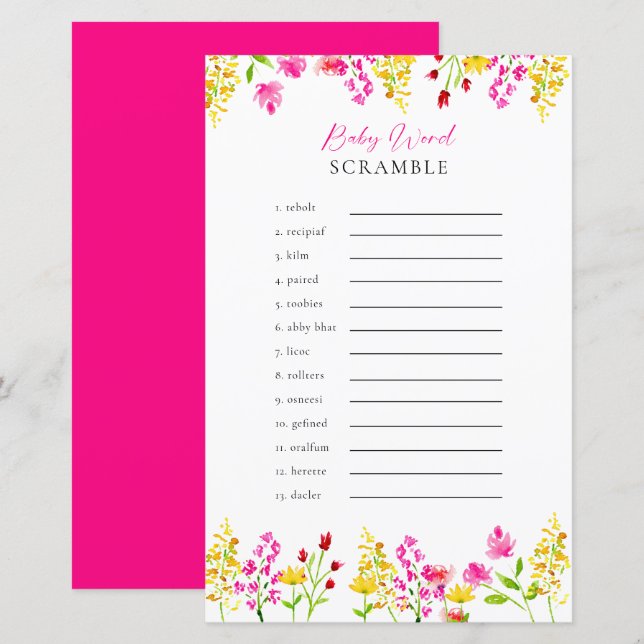 Word Scramble Wildflower Baby shower spel (Voorkant / Achterkant)