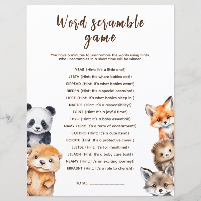 Word Scramble Woodland Animals Baby shower spel (Voorkant)