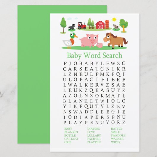 Word Search Game in Barnyard-Baby shower (Voorkant / Achterkant)