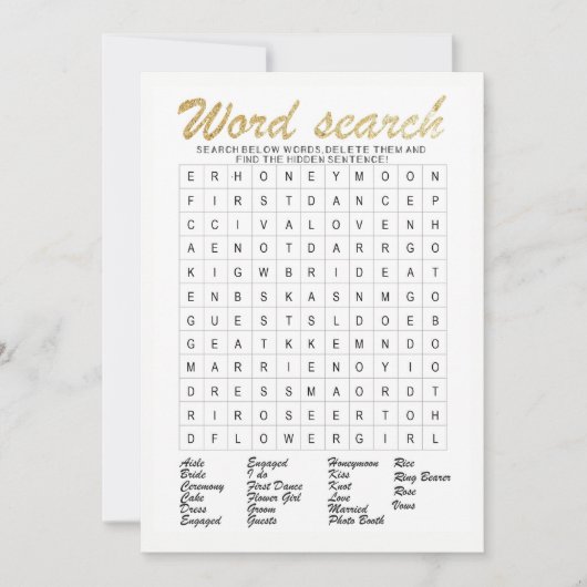 Word Search Gold glittering vrijgezellenfeest game Kaart (Voorkant)