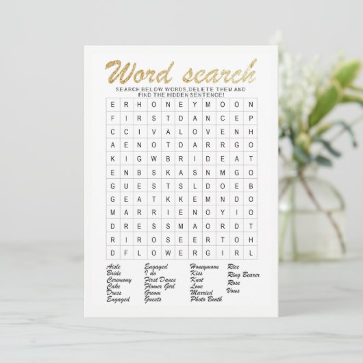 Word Search Gold glittering vrijgezellenfeest game Kaart (Staand voorkant)