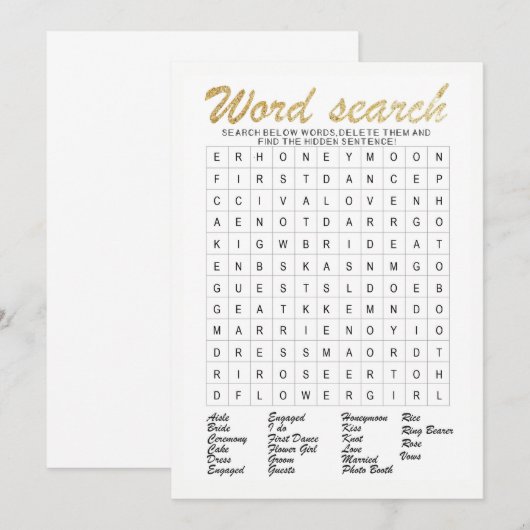 Word Search Gold glittering vrijgezellenfeest game Kaart (Voorkant / Achterkant)