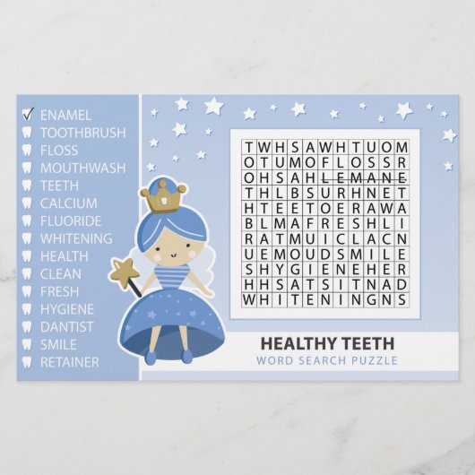 Word Search Puzzle. Tooth Fairy Party-spel (Voorkant)