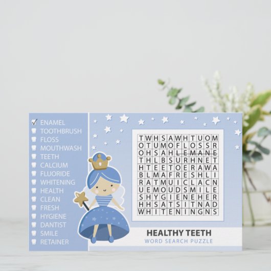 Word Search Puzzle. Tooth Fairy Party-spel (Staand voorkant)