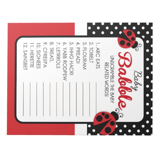 Word Unscramble Ladybug Baby shower Game Pack Notitieblok (Voorkant)
