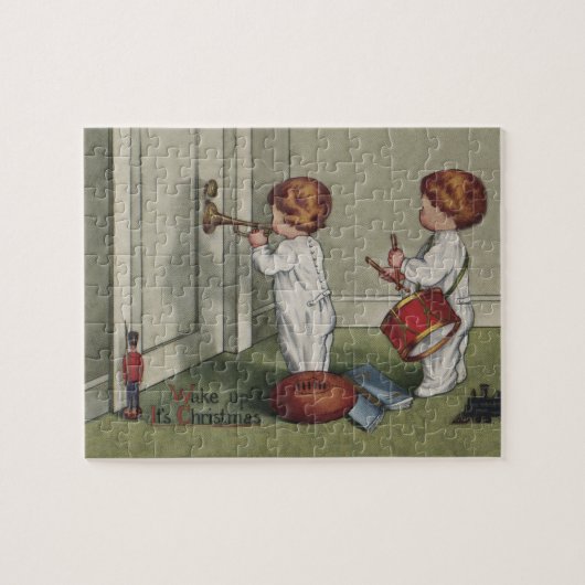 Word wakker met de kerstschattige illustratie van  legpuzzel (Horizontaal)