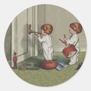 Word wakker met de kerstschattige illustratie van  ronde sticker