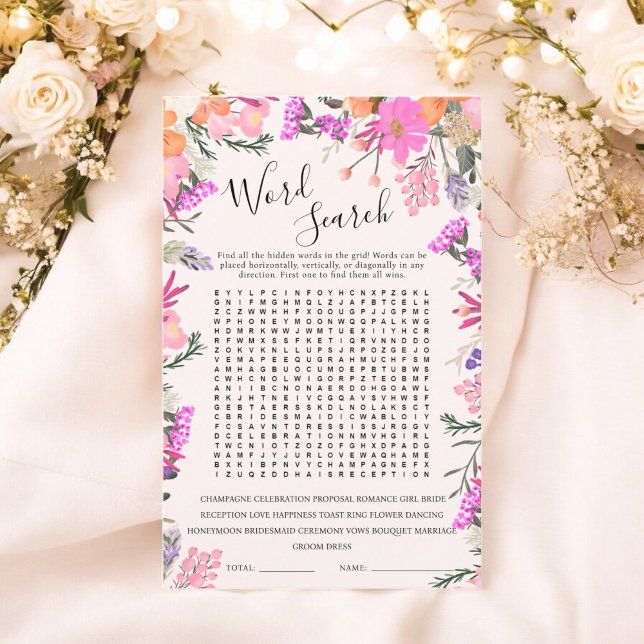 Word Zoeken boho floral vrijgezellenfeest spel (Word Search boho floral bridal shower game)