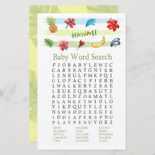 Word-zoekspel in Hawaii Baby shower (Voorkant / Achterkant)