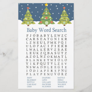 Word-zoekspel met Baby shower met kerstbomen