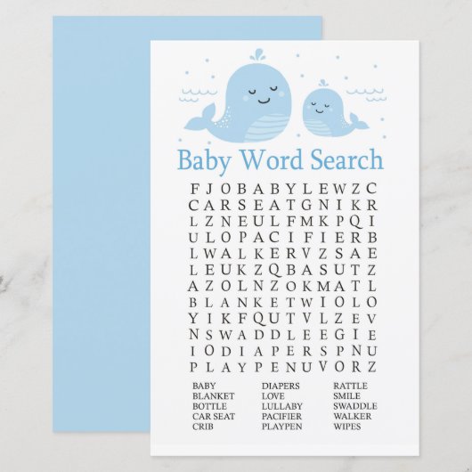Word-zoekspel voor Baby shower op walvis (Voorkant / Achterkant)