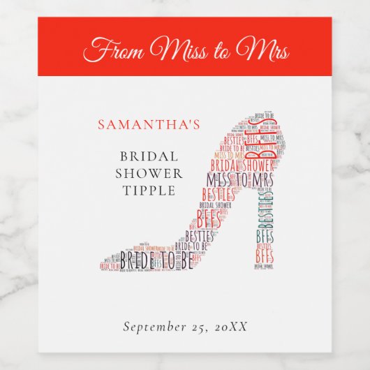 WordArt Schoenennaam Miss naar Mrs Red Vrijgezelle Wijn Etiket (Enkel label)