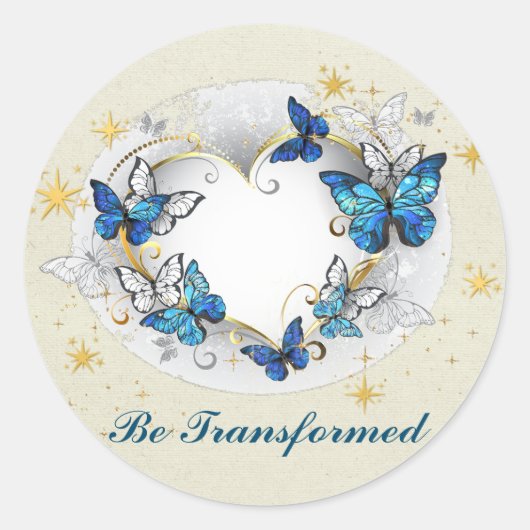 Worden getransformeerd Quote hart en blauwe vlinde Ronde Sticker (Voorkant)