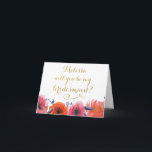 Wordt jij mijn Bridesmaid GOLD Typografie Card<br><div class="desc">Waterverf bloemen met rode en oranje bloemen . Prachtige, trendy, designer wenskaarten met je eigen gepersonaliseerde boodschap die de bruidsnaam bevat!! Professioneel gedrukt. Gevouwen wenskaart met trendy, hedendaagse, stijlvolle goudfaux (afbeelding van folie, niet echt vogel in reliëf) folieboor-cursieve scripttypografie met de vraag "Zal je mijn bruidsmeisje zijn". Eenvoudig, minimalistisch, zeer...</div>