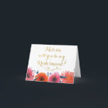 Wordt jij mijn Bridesmaid GOLD Typografie Card<br><div class="desc">Waterverf bloemen met rode en oranje bloemen . Prachtige, trendy, designer wenskaarten met je eigen gepersonaliseerde boodschap die de bruidsnaam bevat!! Professioneel gedrukt. Gevouwen wenskaart met trendy, hedendaagse, stijlvolle goudfaux (afbeelding van folie, niet echt vogel in reliëf) folieboor-cursieve scripttypografie met de vraag "Zal je mijn bruidsmeisje zijn". Eenvoudig, minimalistisch, zeer...</div>
