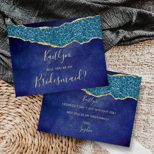 Wordt jij mijn bruidsmeisje Navy Blue en Gold Agat Uitnodiging Briefkaart