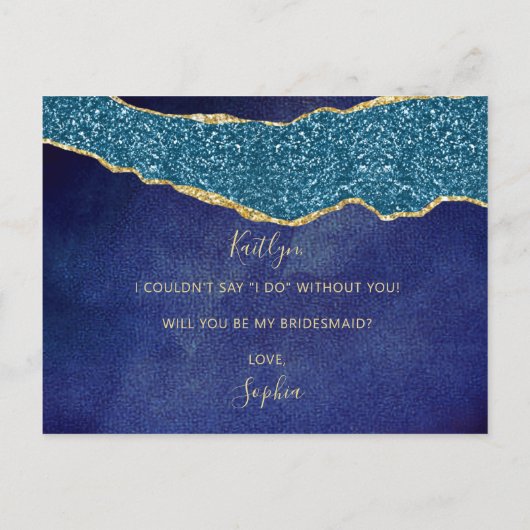 Wordt jij mijn bruidsmeisje Navy Blue en Gold Agat Uitnodiging Briefkaart (Achterkant)