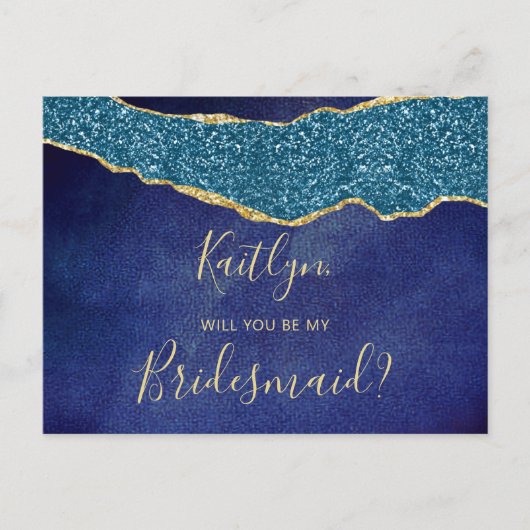 Wordt jij mijn bruidsmeisje Navy Blue en Gold Agat Uitnodiging Briefkaart (Voorkant)