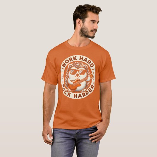 Work Hard Rock Harder Cool Hedgehog Guitar Design T-shirt (Voorkant volledig)