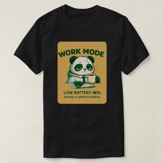 Work Mode Low Battery Panda – Funny Office Burnout T-shirt (Design voorkant)