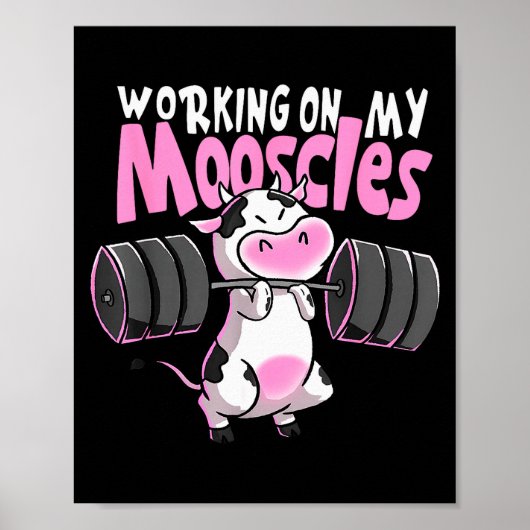 Working On My Mooscles Funny Gym Cow Weightlifting Poster (Voorkant)