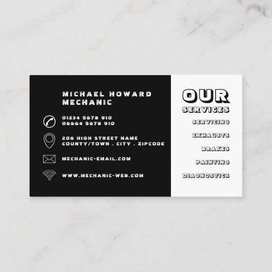 Workshop over motorfietsen, mechanisme en reparati visitekaartje (Achterkant)