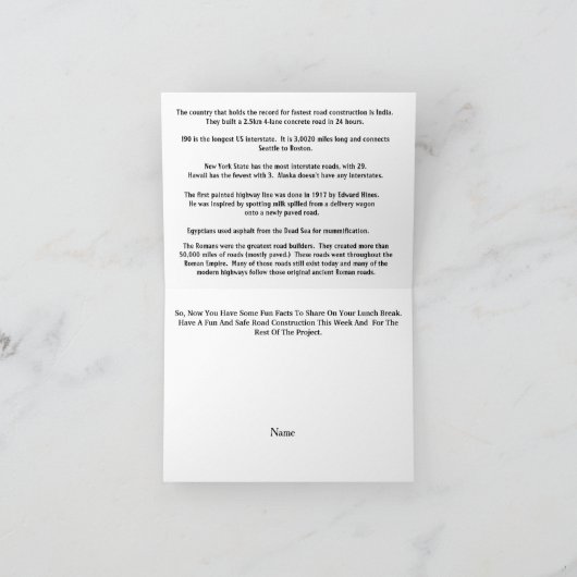 Workzone Awareness Week Trivia Card Kaart (Binnen)