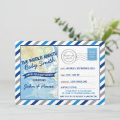 World Awaits Baby shower Invitation Blue Briefkaar Kaart (Staand voorkant)