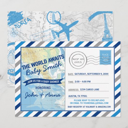 World Awaits Baby shower Invitation Blue Briefkaar Kaart (Voorkant / Achterkant)