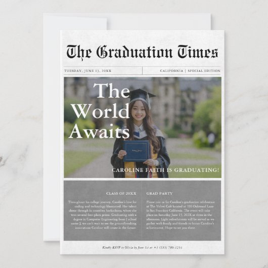 World Awaits Classic Newspaper Afstuderen Foto Kaart (Voorkant)
