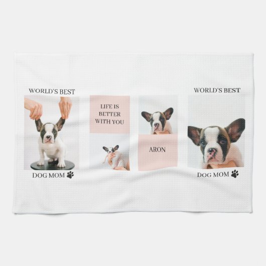 World Best Dog Mam | Foto van collage | Pastel Roz Theedoek (Horizontaal)