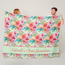 World Best Grandma Pink Purple Flowers Mint Green Fleece Deken