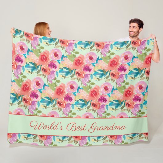 World Best Grandma Pink Purple Flowers Mint Green Fleece Deken (In situ)