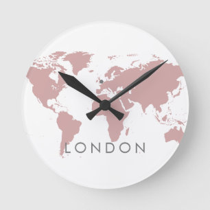 World Clock Custom Elegant City Time Zone Roze Ronde Klok