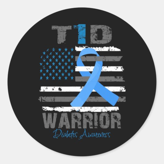 World Diabetes Awareness Blue Ribbon T1d Warrior T Ronde Sticker (Voorkant)