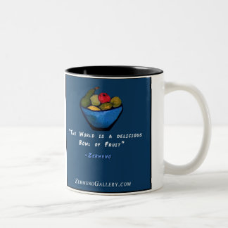 "World is a Bowl of Fruit" van Zermeno Tweekleurige Koffiemok