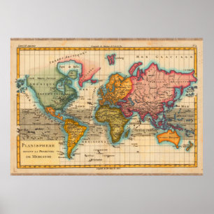 World Map 1700s Antique Poster