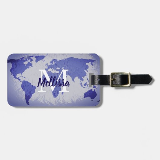 World Map Blue Artsy Monogram Name Gift Favor Bagagelabel (Voorkant horizontaal)