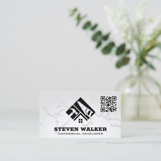 World Map | Bouwnijverheid Logo | QR-code Visitekaartje (Staand voorkant)