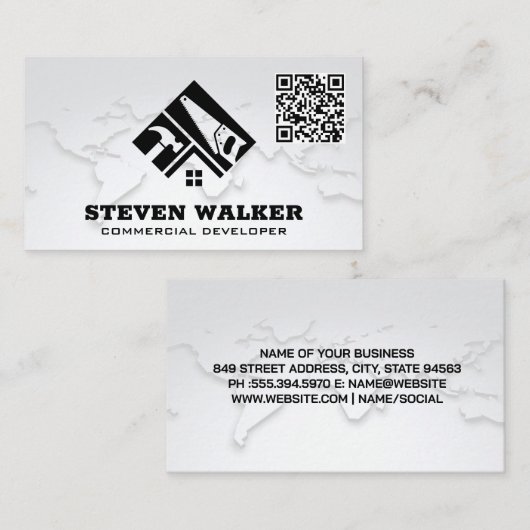 World Map | Bouwnijverheid Logo | QR-code Visitekaartje (Voorkant / Achterkant)