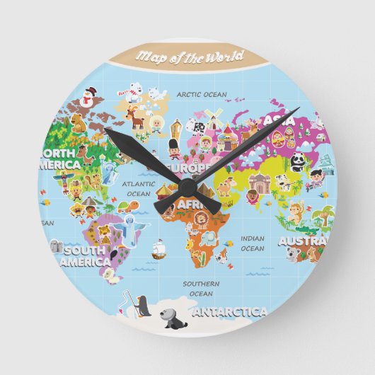 World Map For Kids - Cute and Fun Ronde Klok (Voorkant)