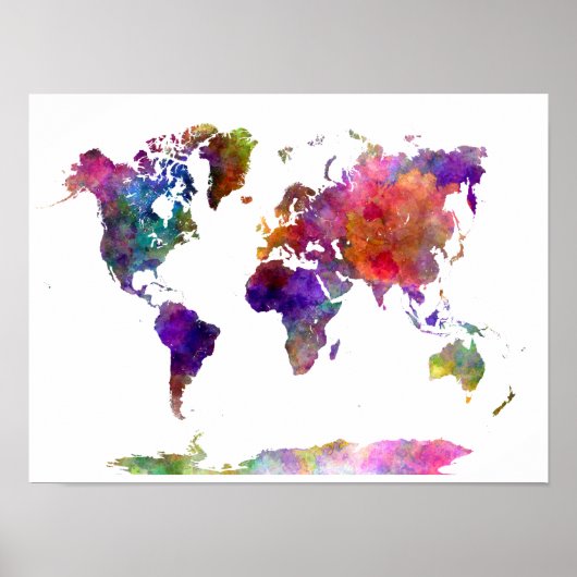 World map in watercolor purple and blue poster (Voorkant)