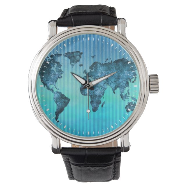 World Map | Neon Blue Stripes Horloge (Voorkant)