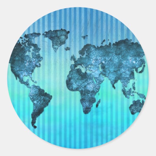 World Map | Neon Blue Stripes Ronde Sticker (Voorkant)