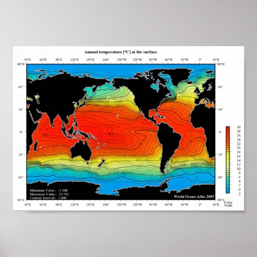 World Oceans Temperature Map, Gedetailleerd - HD P Poster (Voorkant)