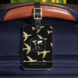 World Travel bagagelabel met naam & vliegtuigen
