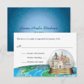 World Travel Bar Bat Mitzvah Snow Wereldbol Reply RSVP Kaartje (Voorkant / Achterkant)