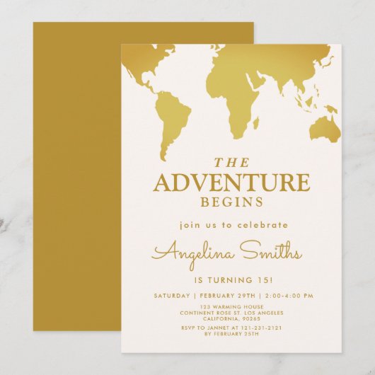  'World Travel Map'-avontuur Gold Birthday Kaart (Voorkant / Achterkant)